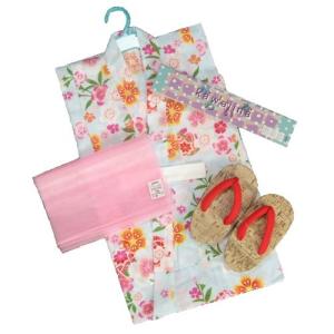 浴衣　女の子　キッズサイズ　かわいいなブランドゆかた３点セット　水色　撫子柄　綿紅梅生地　100cm　110cm　120cm　130cm