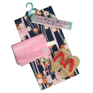 浴衣 女の子 キッズサイズ かわいいなブランドゆかた３点セット 紺色 菊華柄 綿紅梅生地 100cm 110cm 120cm 130cm