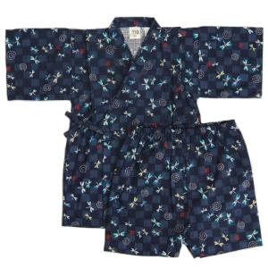 子供 甚平 男の子 キッズサイズ 日本製 紺色×水色市松トンボ柄 100cm 110cm 120cm 130cm