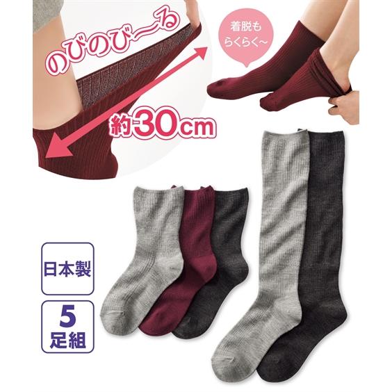 靴下(ソックス) (22-25cm) 日本製 のびのびーる 靴下 5足組 (ハイソックス 2足 クル...