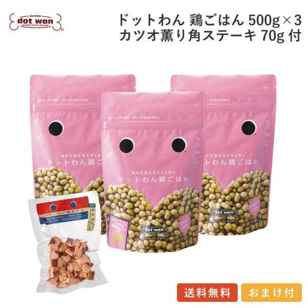 ドッグフード 無添加 国産 おすすめ ドットわん 鶏ごはん 3個 カツオ薫り角ステーキ70g付セット...