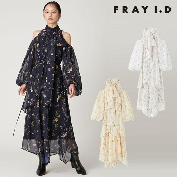フレイアイディー FRAY I.D ワンピース 25秋冬 フラワープリントオフショルティアードワンピ...