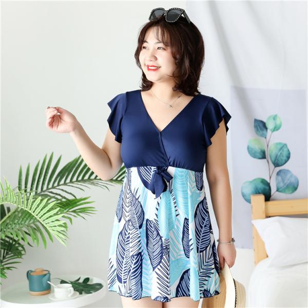 体型カバー 水着 レディース ワンピース水着 ぽっちゃり 大きいサイズ 水着  リーフ柄 温泉 ビー...