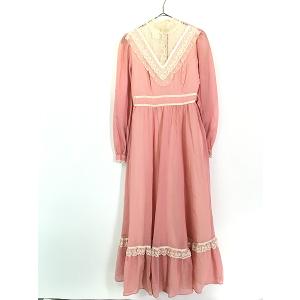 レディース 古着 70s GUNNE SAX レース フリル ガーリー シフォン ワンピース マキシ丈 L位 古着｜dracaena