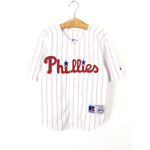 キッズ 古着 90s RUSSELL MLB Phillies 「THOME 25」 ストライプ ベースボール シャツ 8歳位 古着｜dracaena