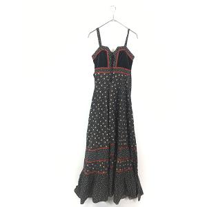 レディース 古着 70s USA製 GUNNE SAX 花柄 ピンドット 総柄 レースアップ ベロア 切替 ノースリーブ ワンピース ドレス マキシ丈 M位 古着｜dracaena