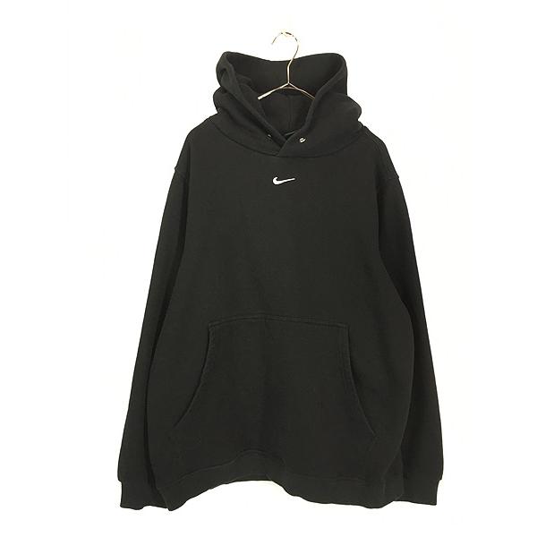 古着 NIKE センター スウォッシュ ロゴ 刺しゅう スウェット パーカー 黒 XL 古着