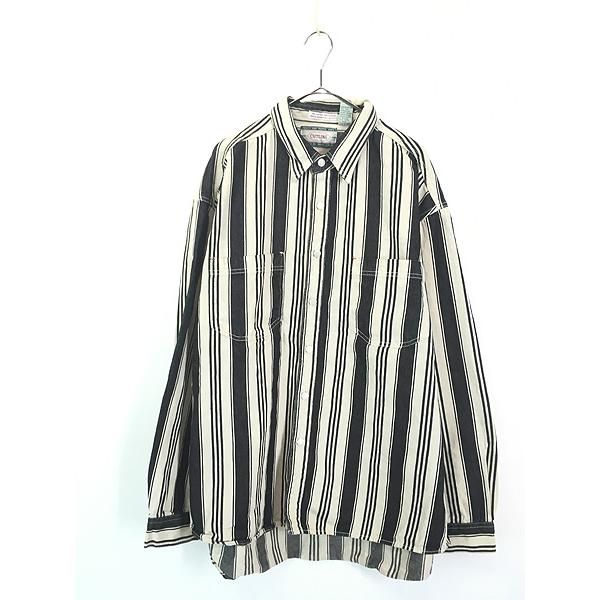 古着 90s CUTLINE ブラック × ホワイト マルチ ストライプ ヘビーオンス デニム シャ...
