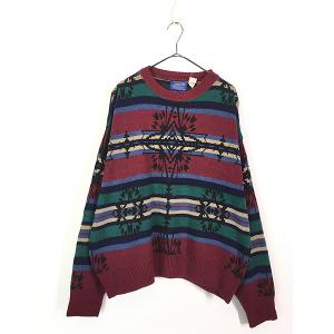 古着 00s LL Bean カーキ×レッド バーズアイ ヘビー ウール ニット