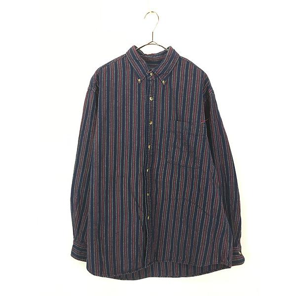 古着 90s LANDS' END マルチ ストライプ BD フランネル シャツ ネルシャツ L
