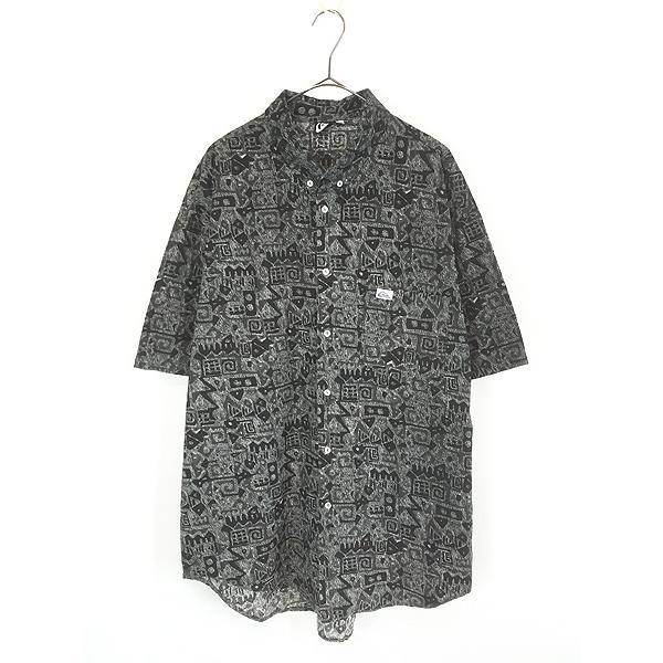 古着 90s USA製 Quik Silver モノクロ 民族 ネイティブ 総柄 半袖 コットン B...
