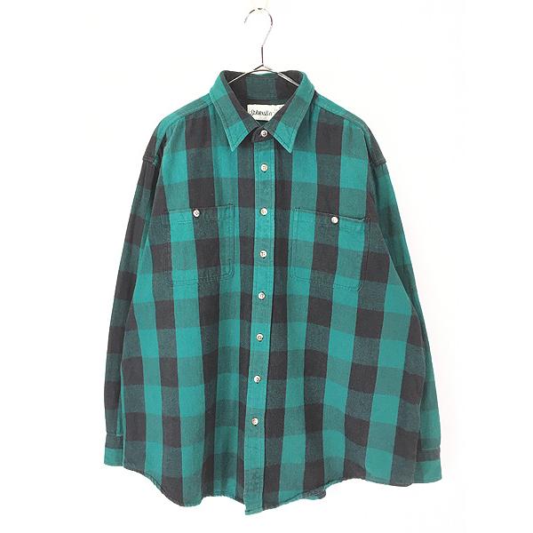 古着 90s St John's Bay グリーン × ブラック ブロック チェック ヘビー フラン...