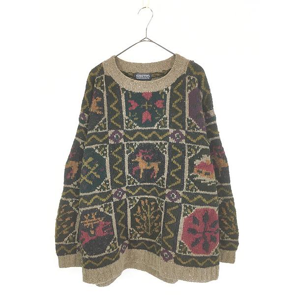 古着 90s LANDS' END パッチワーク風 マルチ パターン ウール ハンド ニット セータ...
