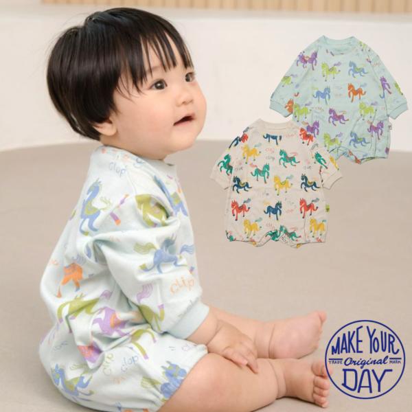 ベビー服 カラフルポニー総柄長袖ロンパス MAKE YOUR DAY メイクユアデイ ロンパース 総...
