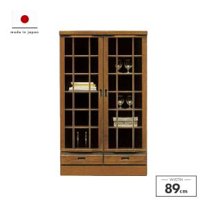 木製ガラス扉収納キャビネット　和風　飾り棚 キャビネット サイドボード 収納棚 完成品 幅87cm リビング収納 木製