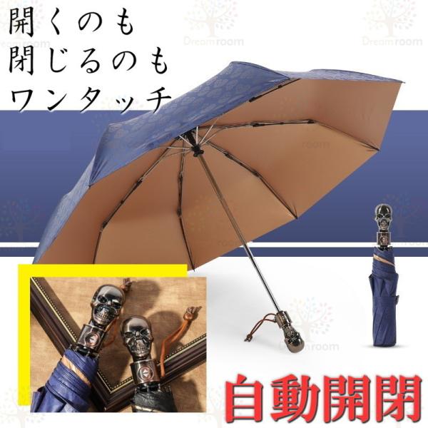 スカルデザイン 髑髏  自動開閉 ワンタッチ 折り畳み傘 ８本骨 【F-265 ネイビー】 軽量 晴...