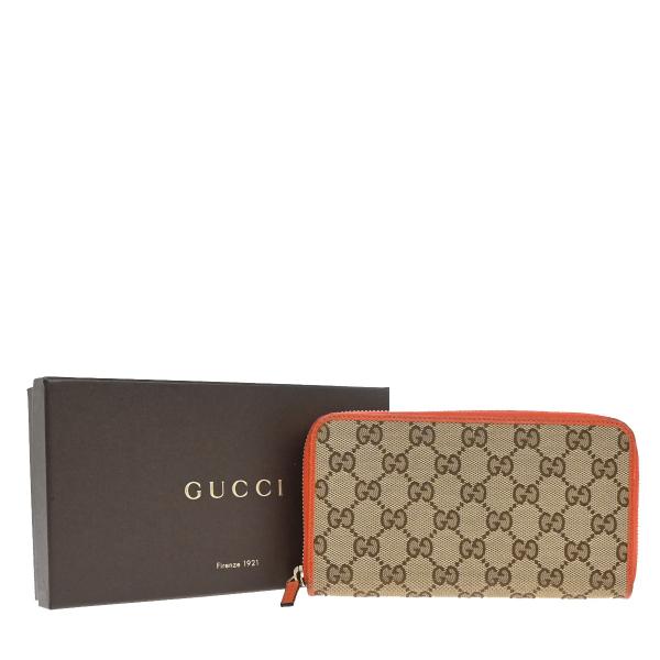 GUCCI グッチ 長財布 ラウンドファスナー GG キャンバス レザー オレンジ ベージュ 33K...