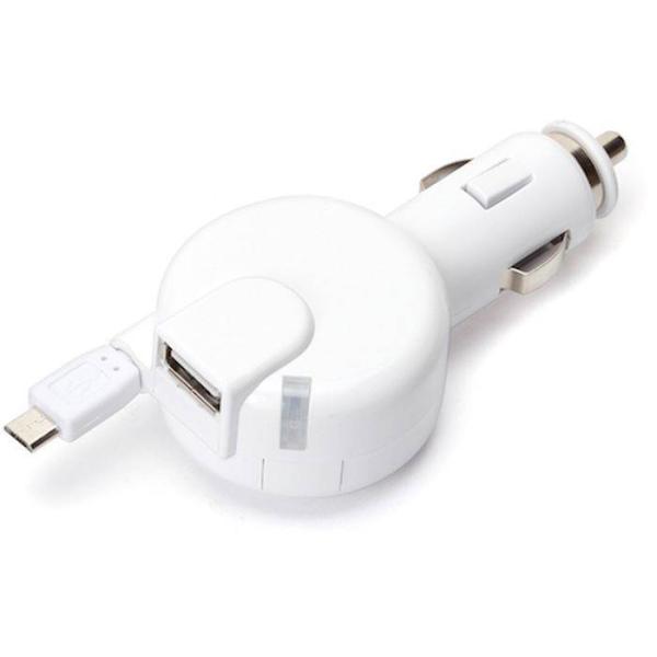 microUSBコネクタ巻取ケーブル&amp;USBポート車載用DC充電器 MAX2.4A ホワイト PGA...