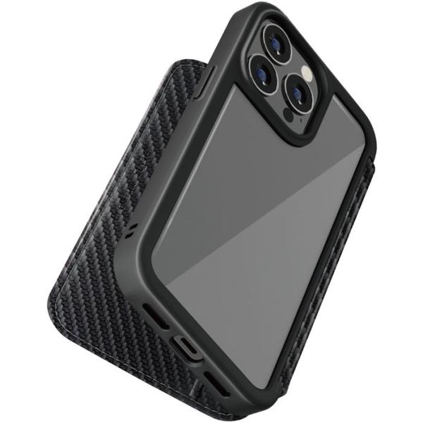 iPhone 14 Pro 6.1インチ 用 手帳型 ガラス フリップ ケース カバー カーボン調 ...