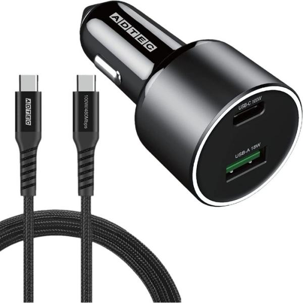 DC充電器 PD対応 100W 2ポート USB-C+USB-A 2ｍケーブル ADTEC ACPD...