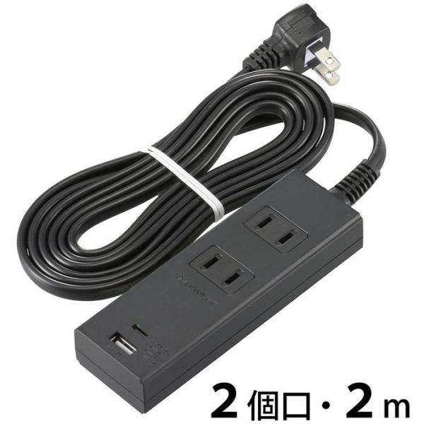 節電タップ(2個口 2m Type-C[PD対応]×1、Type-A×1 L型プラグ ブラック) O...