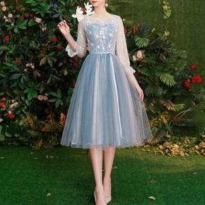 結婚式 ドレス 青 水色 チュール シフォン 長袖 フレア レース