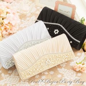 パーティーバッグ クラッチ パール ビーズ 結婚式 プリーツ サテン 2way パーティー  ビジュー party bag ショルダー｜dressstar