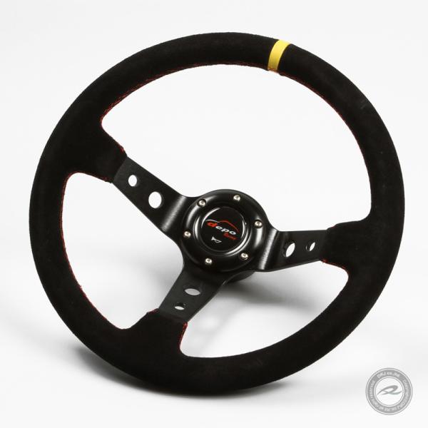 ステアリング 35φ ディープコーン 約80mm 本革バックスキン 赤色クロスステッチ イエロートッ...