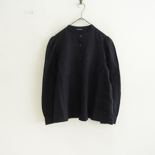 【定価4.1万】サルエ SALUE*パフスリーブシャツ*Fネイビーリネンウールジャカードバンドカラー...