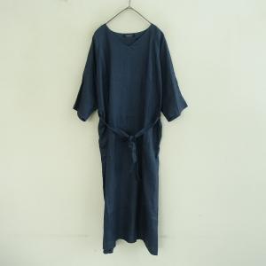 ハンドルーム HAND ROOM *リネンヘリンボーンワンピース*ＳネイビーVネック腰紐付きシンプルスモックドレス(2-2505-580)【12F52】