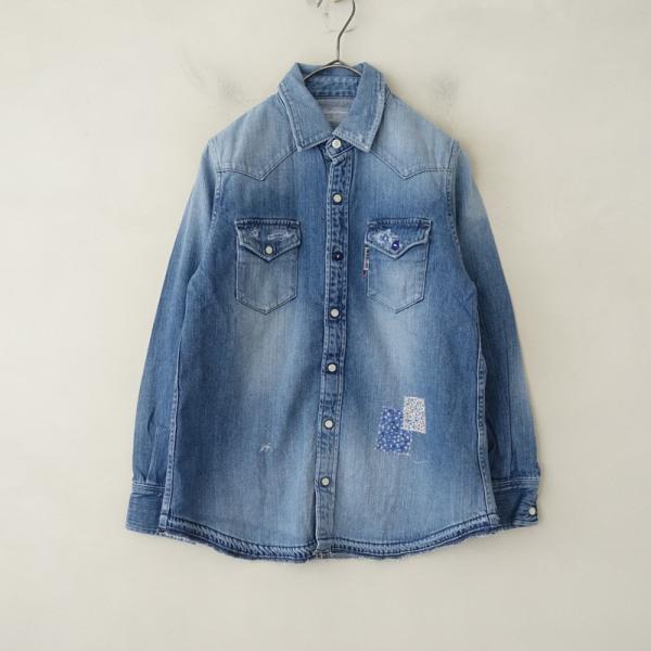 ブルーブルー BLUE BLUE *リペア加工ソフトデニムウエスタンシャツ*2ウォッシュブルーダメー...