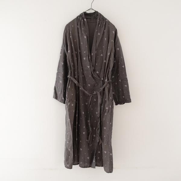 ネストローブ nest Robe *リネンプリントカシュクールワンピース*麻グレー紐付ドレス(25-...