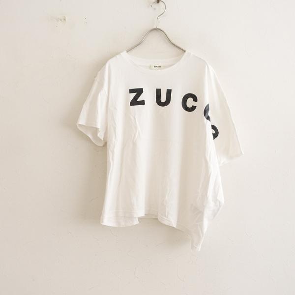 ズッカ ZUCCA *アシメロゴT/Tシャツ*Mコットン薄手カットソードレーププリントオフホワイトブ...