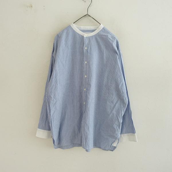 【定価1.8万】アーメン ARMEN *ストライプコットンバンドカラーシャツ*2ブラウスブルーホワイ...