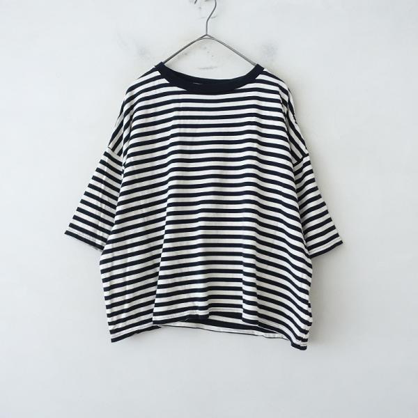 ナル NARU *コットンボーダー半袖Tシャツ*1カットソーブラックエクリュプルオーバーオーバーサイ...