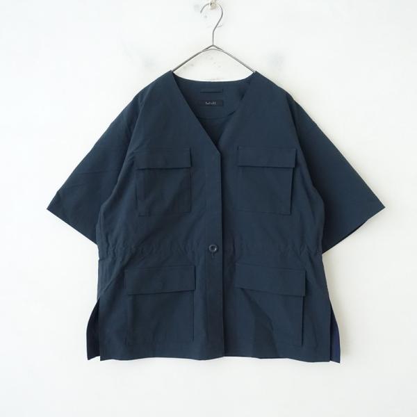 【サンプル】レリル lelill *Vネックサファリシャツジャケット*紺色ストレッチカラーレス半袖ド...