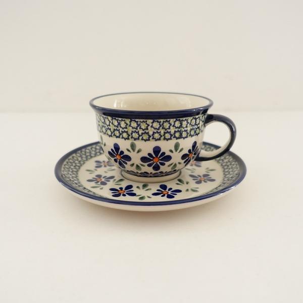 ポーリッシュポタリー Polish Pottery *カップ＆ソーサー*紺ネイビー青ブルー花フラワー...