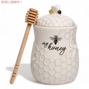 【並行輸入品】ヤングスインク Young's Inc. 木製 ハニーディッパー付き セラミックハニージャー Ceramic Honey Jar with Wooden Honey Dipper
