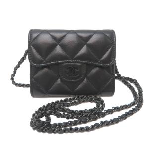［銀座店］CHANEL シャネル マトラッセ チェーン ウォレット AP0238 カードケース ラムスキン ブラック系 レディース DH90118