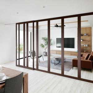 間仕切 プレイス 折戸格納+引戸出入り 下レール:埋込、露出、フラットガイド 木目調フレーム パネル:A・B・C・F