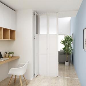 間仕切 プレイス 折戸格納+折戸出入り 下レール:埋込、露出、フラットガイド 木目調フレーム パネル:A・B・C・F