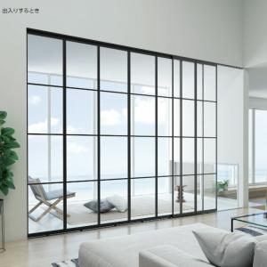 間仕切 プレイス スウィング 折戸格納+引戸出入り 下レール:フラットガイドレール 木目調フレーム パネル:洋風障子デザイン パターンオーダー