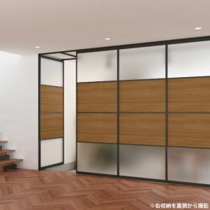 間仕切 プレイス スウィング 移動収納+開き戸出入り 下レール:ノンレール 木目調フレーム パネル:洋風障子デザイン パターンオーダー