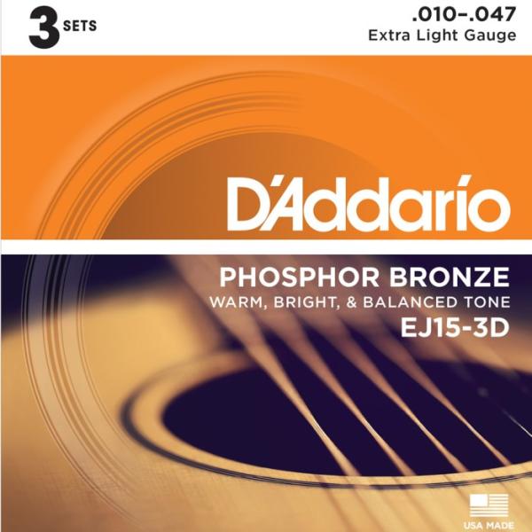 3セットパック D&apos;Addario EJ15-3D Extra Light 010-047 Phos...