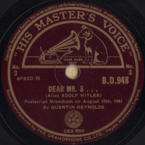 2discs 78RPM/SP Quentin Reynolds Dear Mr S - Alias Adolf Hitler No1 - No4 BD94748 HIS MASTERS VOICE /01000