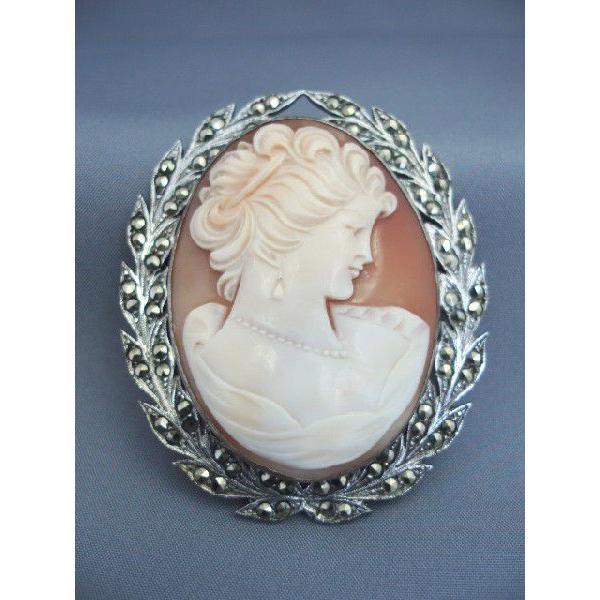アンティークシェルカメオブローチ■マーカサイト×シルバー枠(10000238 JK806002)