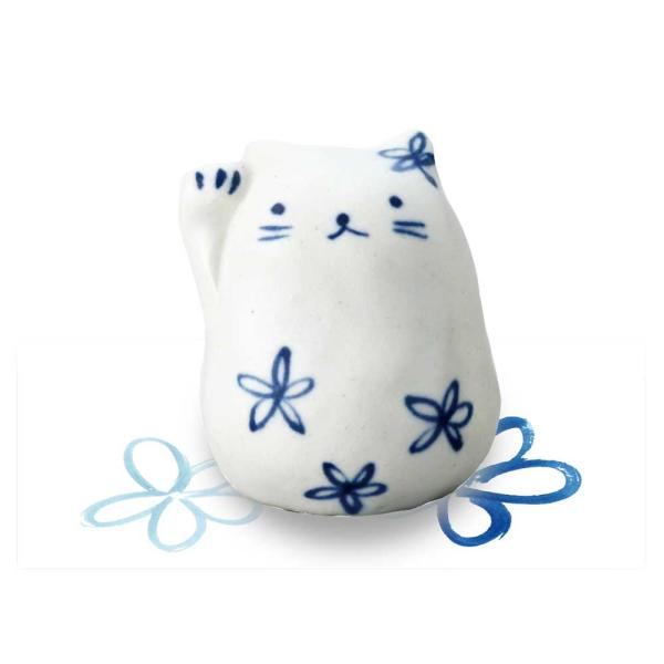陶器 ねこ ネコ 人形師の手造り置物 スタジオRR作/ 染猫 招き（花） /贈り物 プレゼント 敬老...