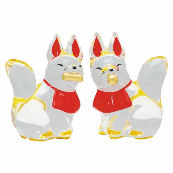 クリスタルガラス キツネ 置物 縁起物/ 稲荷きつねペア /粗品 販促 景品 縁起 町内会 敬老会 ...