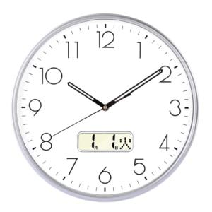 Nbdeal 掛け時計 電波時計 日付 曜日表示 直径35cm 夜間秒針停止機能付き （銀色）｜dw-bestselectshop