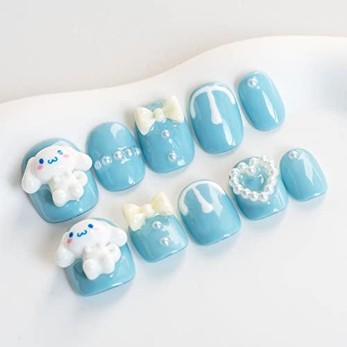 Sun&amp;Beam Nails 手作り ネイルチップ ショート ラウンド 短め ブルー ホワイト 犬 ...